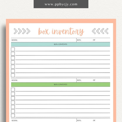 Moving Box Inventory Printable Template – Digital download for cataloging and tracking the contents of each moving box, including descriptions and locations.