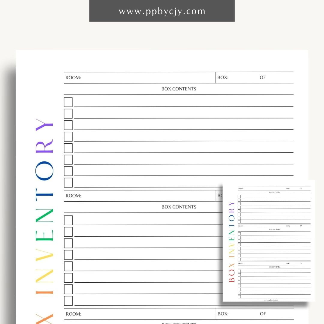 Moving Box Inventory Printable Template – Digital download for cataloging and tracking the contents of each moving box, including descriptions and locations.