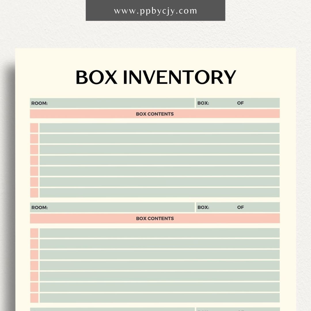 Moving Box Inventory Printable Template – Digital download for cataloging and tracking the contents of each moving box, including descriptions and locations.