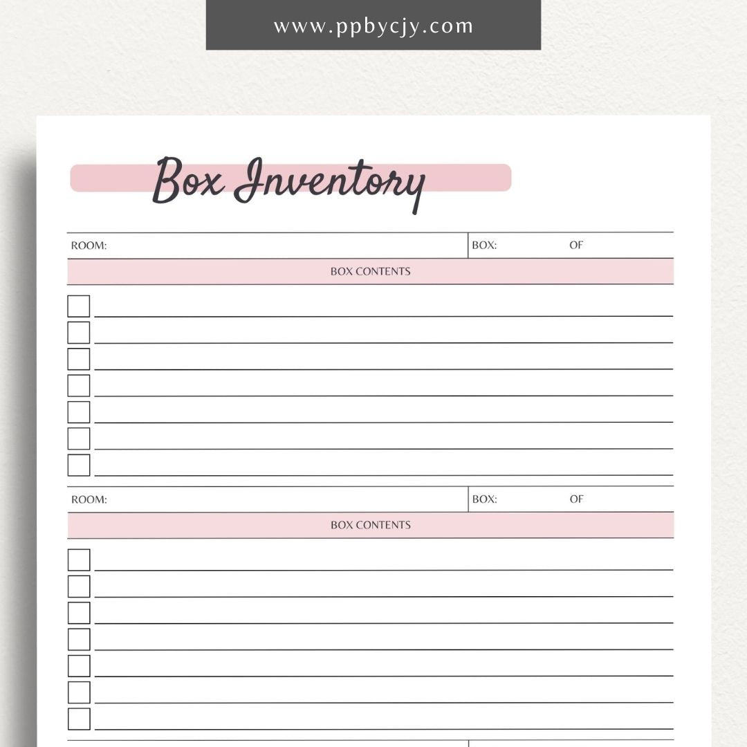 Moving Box Inventory List Printable PDF Template