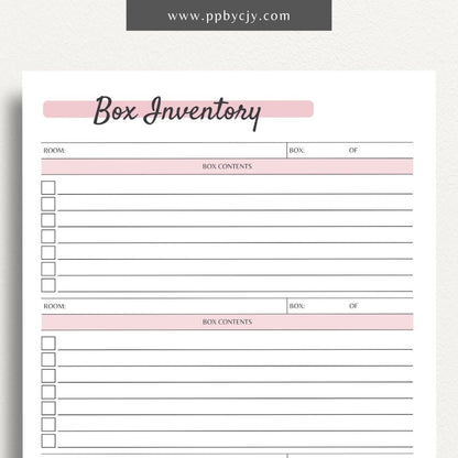 Moving Box Inventory List Printable PDF Template