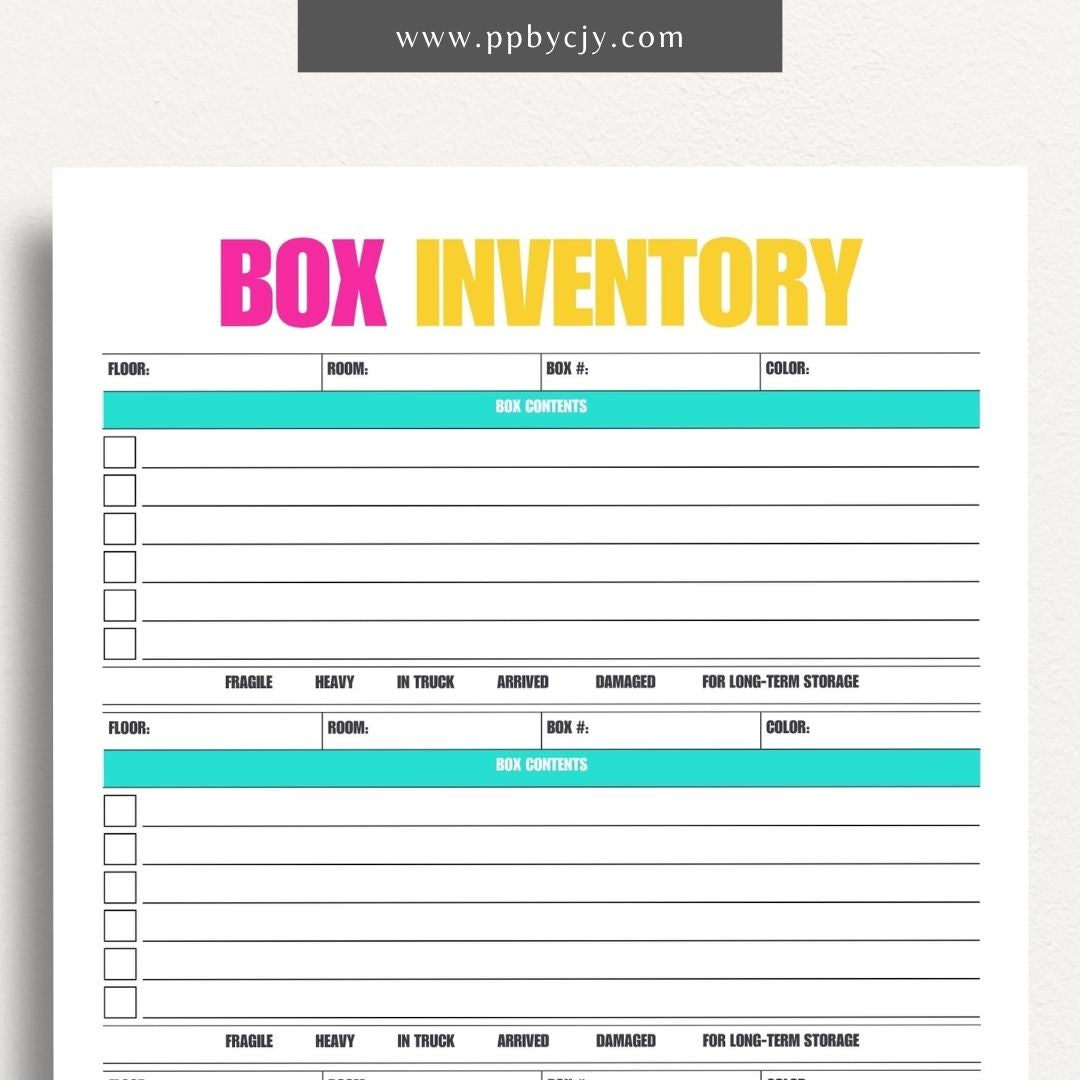 Moving Box Inventory Printable Template – Digital download for cataloging and tracking the contents of each moving box, including descriptions and locations.