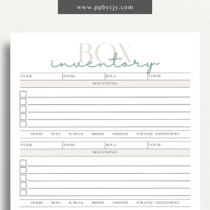 Moving Box Inventory Printable Template – Digital download for cataloging and tracking the contents of each moving box, including descriptions and locations.