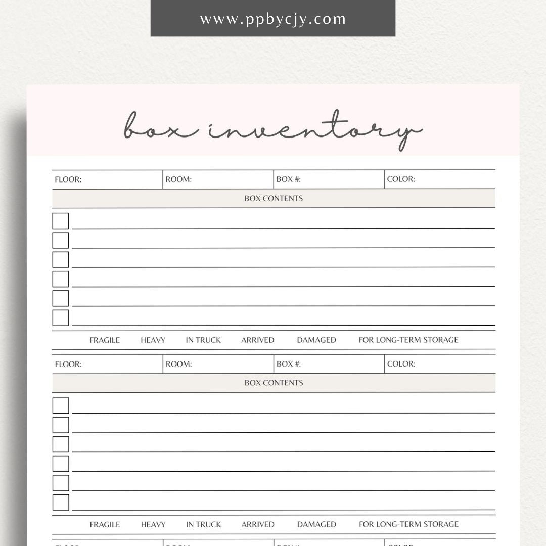 Moving Box Inventory Printable Template – Digital download for cataloging and tracking the contents of each moving box, including descriptions and locations.