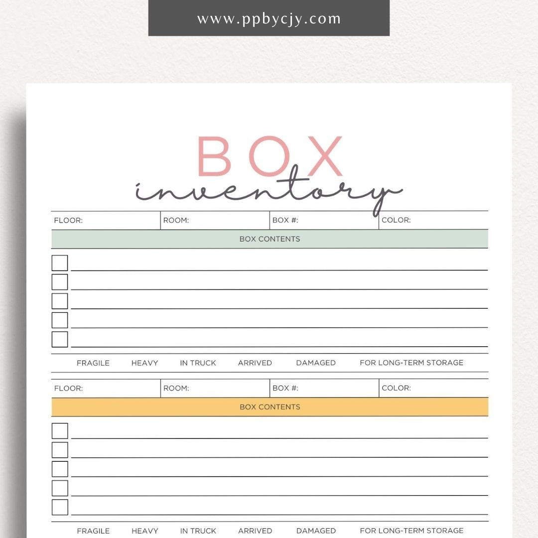 Moving Box Inventory Printable Template – Digital download for cataloging and tracking the contents of each moving box, including descriptions and locations.