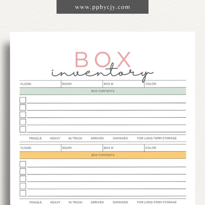 Moving Box Inventory Printable Template – Digital download for cataloging and tracking the contents of each moving box, including descriptions and locations.