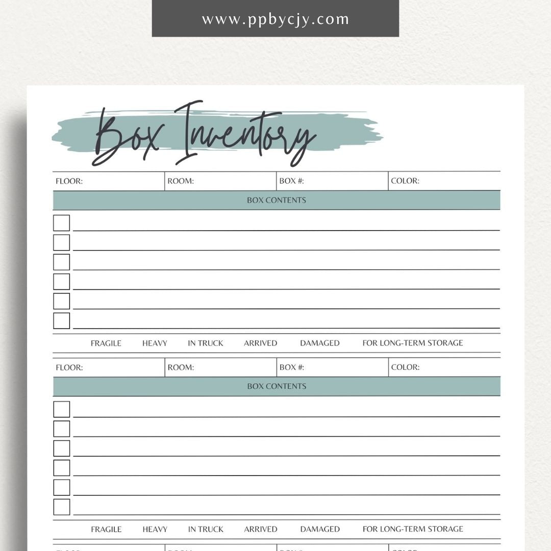 Moving Box Inventory Printable Template – Digital download for cataloging and tracking the contents of each moving box, including descriptions and locations.
