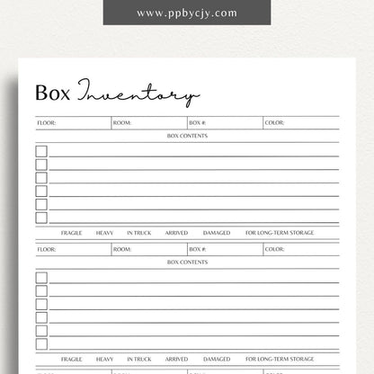 Moving Box Inventory Printable Template – Digital download for cataloging and tracking the contents of each moving box, including descriptions and locations.