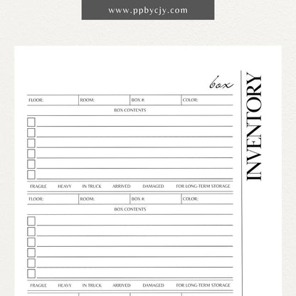 Moving Box Inventory Printable Template – Digital download for cataloging and tracking the contents of each moving box, including descriptions and locations.