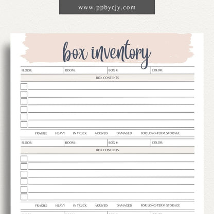 Moving Box Inventory Printable Template – Digital download for cataloging and tracking the contents of each moving box, including descriptions and locations.