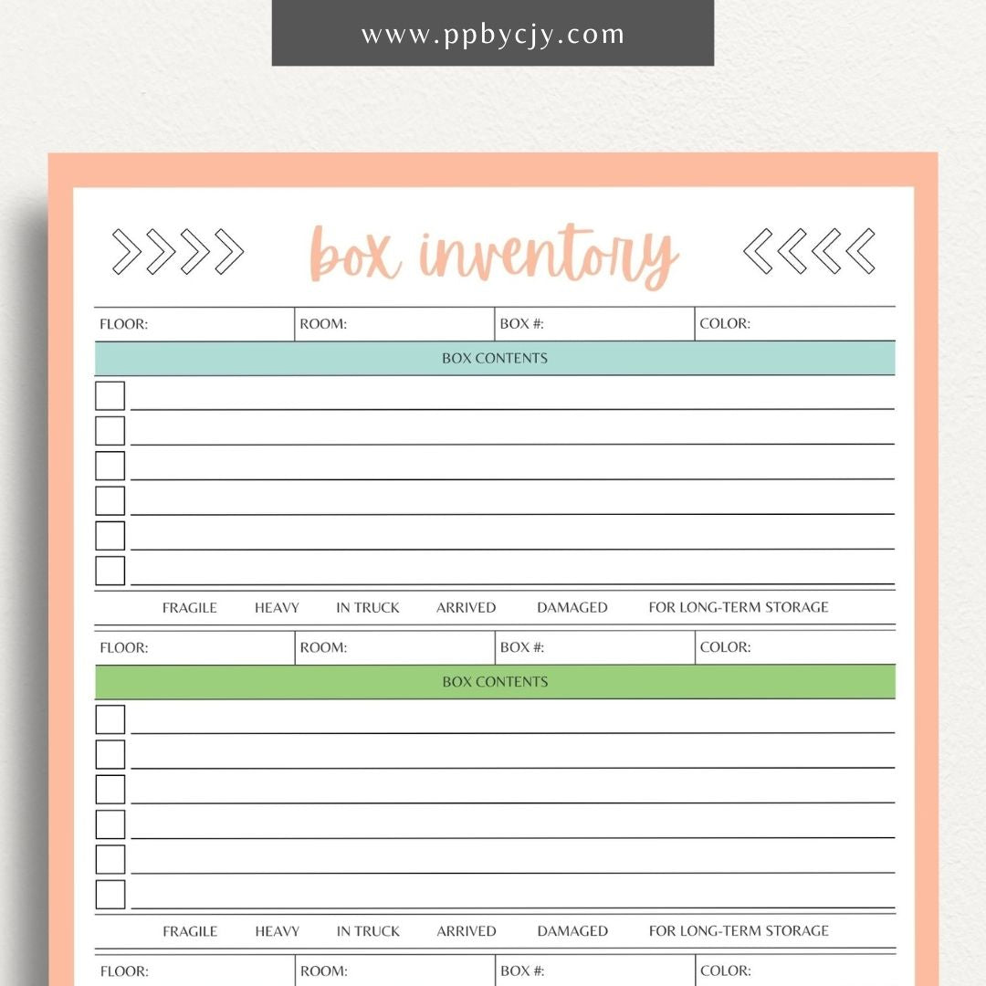 Moving Box Inventory Printable Template – Digital download for cataloging and tracking the contents of each moving box, including descriptions and locations.