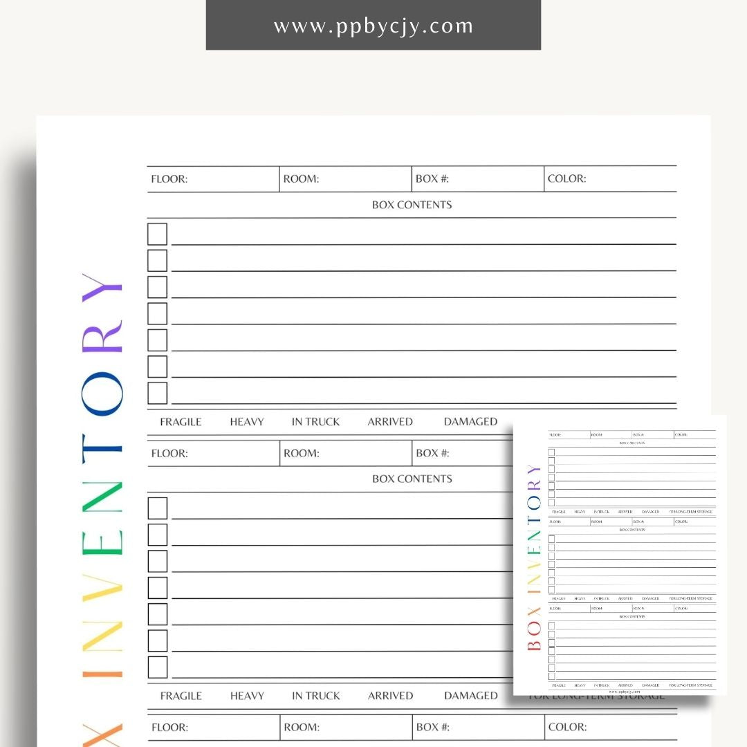 Moving Box Inventory Printable Template – Digital download for cataloging and tracking the contents of each moving box, including descriptions and locations.