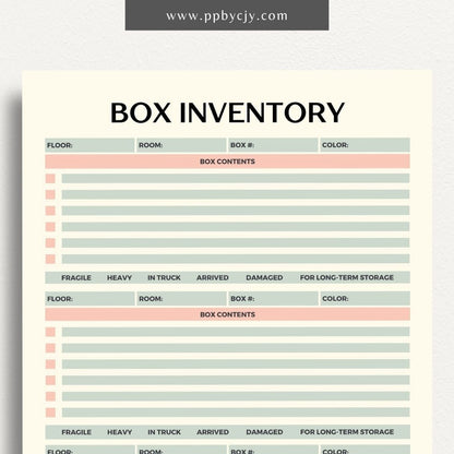 Moving Box Inventory Printable Template – Digital download for cataloging and tracking the contents of each moving box, including descriptions and locations.