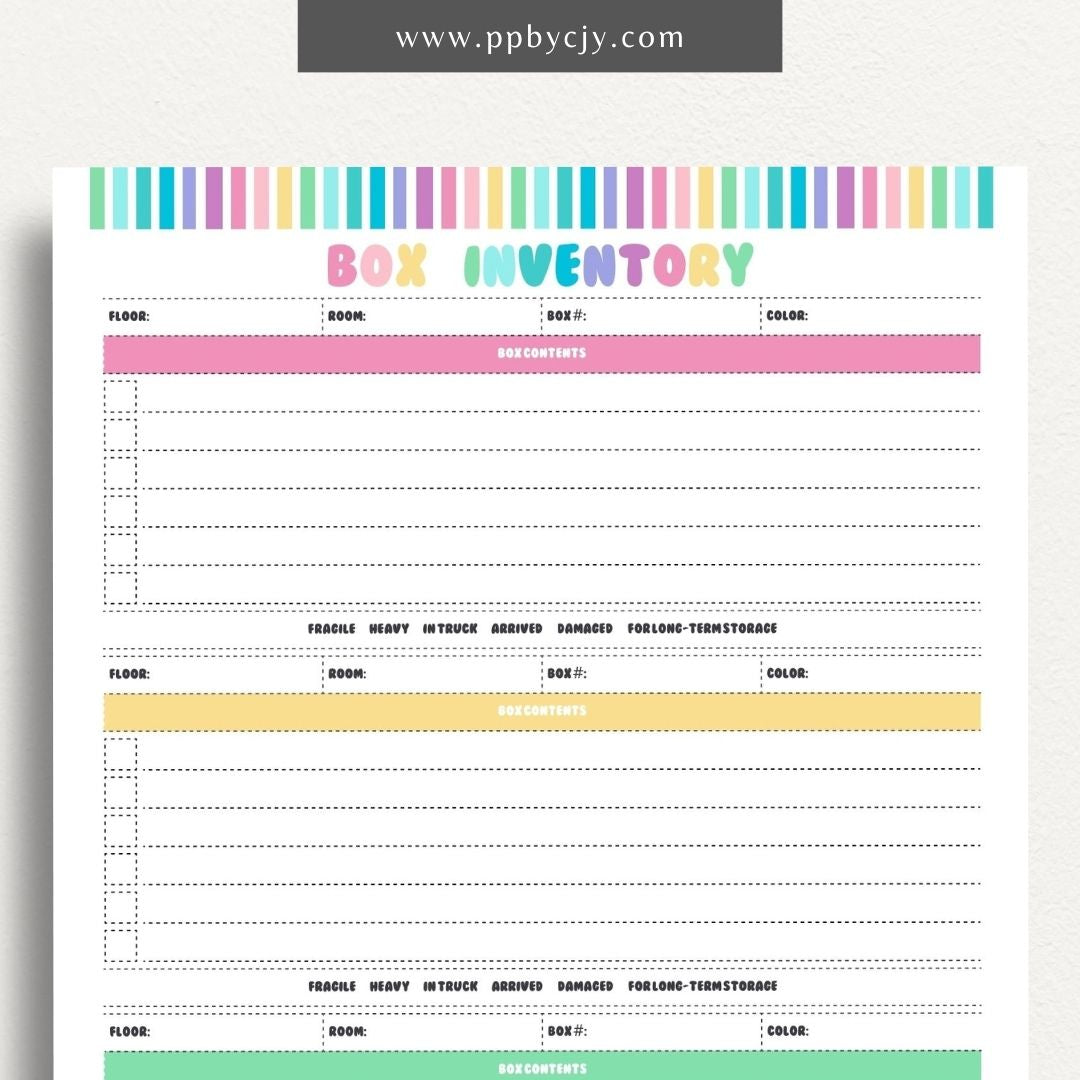 Moving Box Inventory Printable Template – Digital download for cataloging and tracking the contents of each moving box, including descriptions and locations.