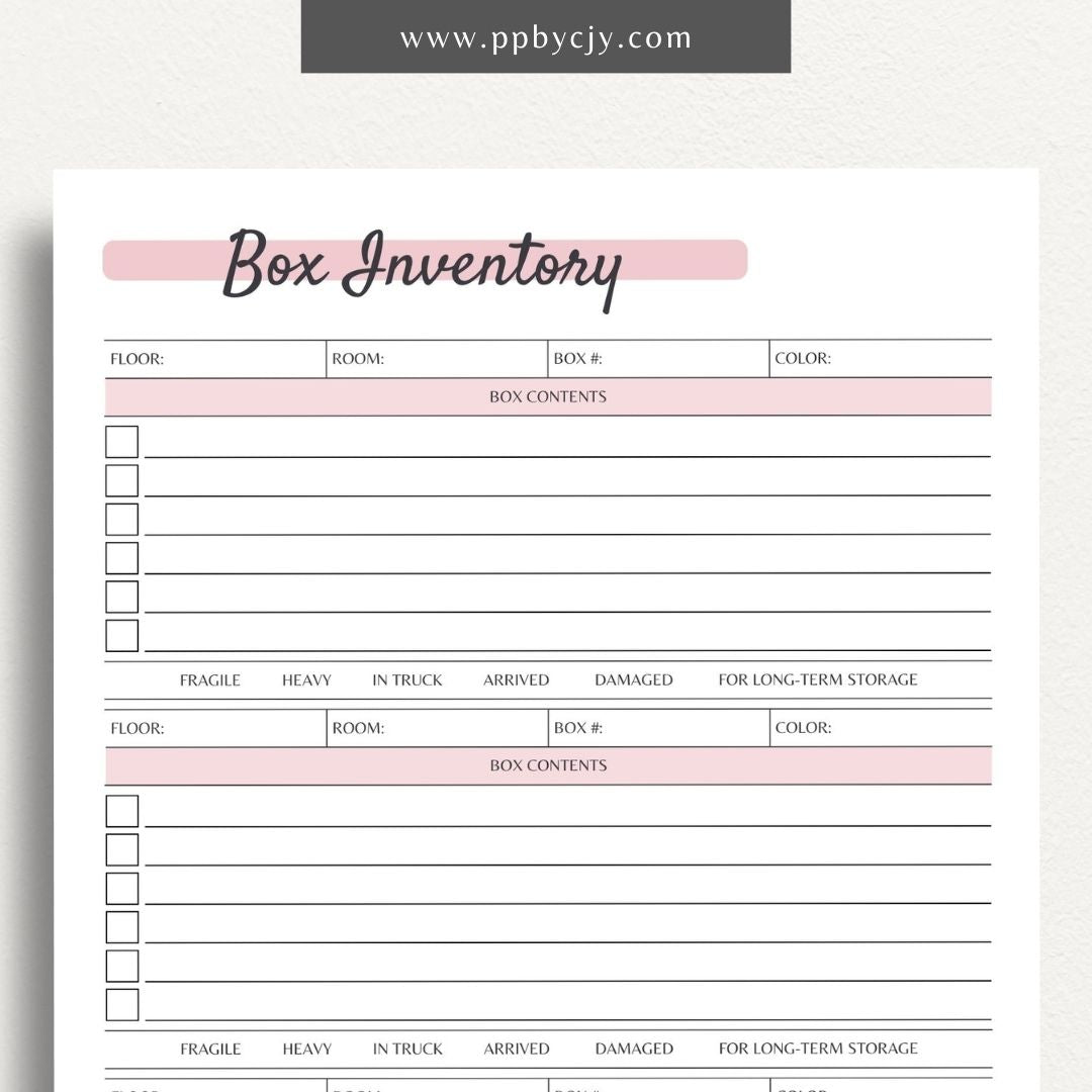 Moving Box Inventory List Printable PDF Template