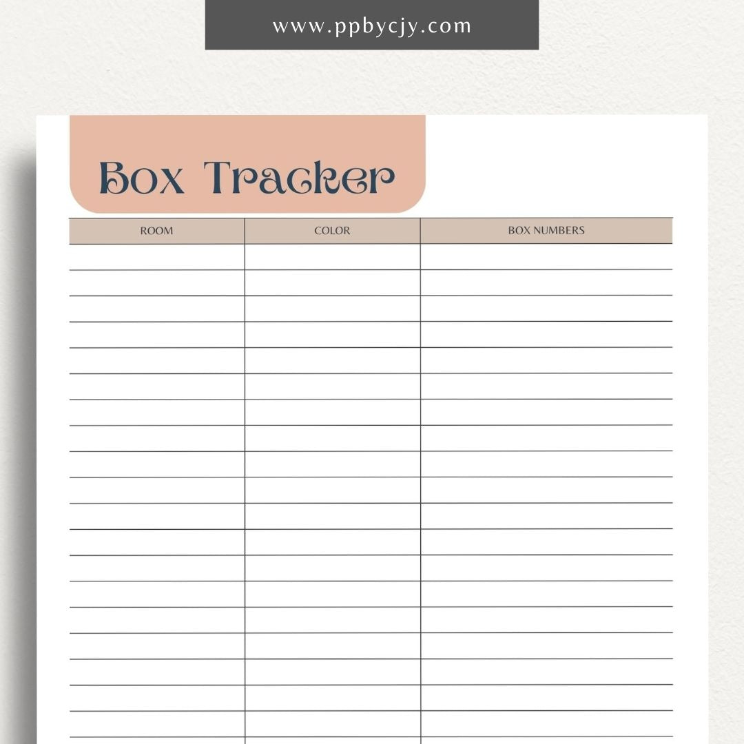 Moving Box Inventory Printable Template – Digital download for cataloging and tracking the contents of each moving box, including descriptions and locations.