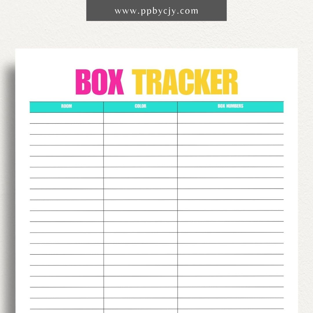 Moving Box Inventory Printable Template – Digital download for cataloging and tracking the contents of each moving box, including descriptions and locations.