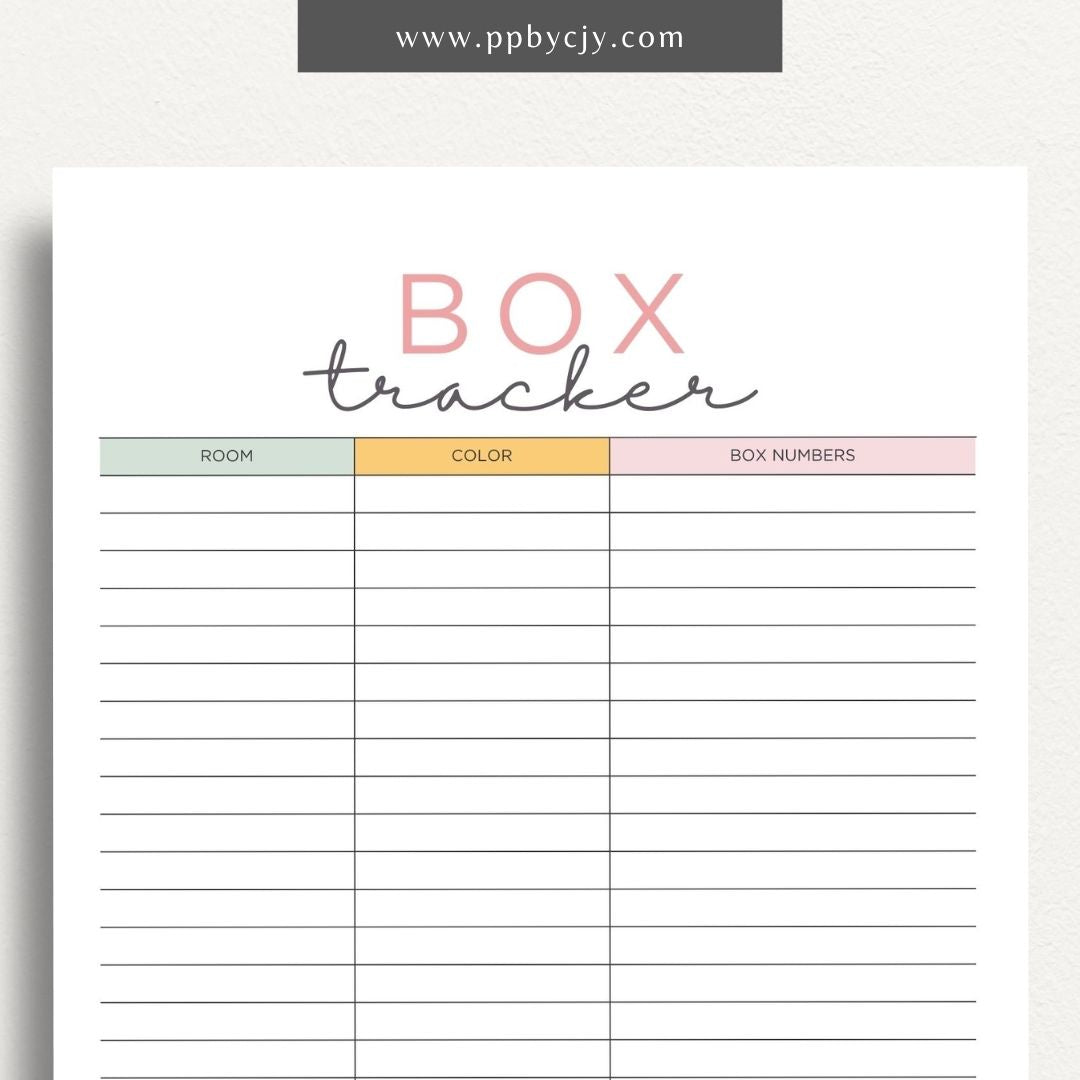 Moving Box Inventory Printable Template – Digital download for cataloging and tracking the contents of each moving box, including descriptions and locations.