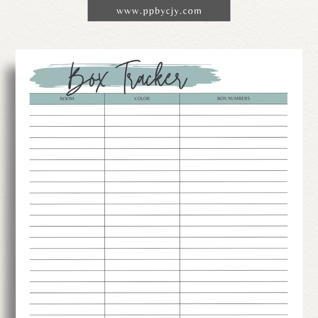 Moving Box Inventory Printable Template – Digital download for cataloging and tracking the contents of each moving box, including descriptions and locations.