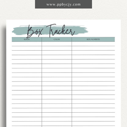 Moving Box Inventory Printable Template – Digital download for cataloging and tracking the contents of each moving box, including descriptions and locations.