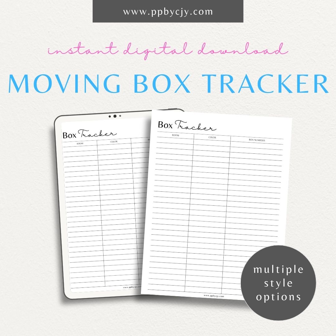 Moving Box Inventory Printable Template – Digital download for cataloging and tracking the contents of each moving box, including descriptions and locations.