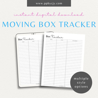 Moving Box Inventory Printable Template – Digital download for cataloging and tracking the contents of each moving box, including descriptions and locations.