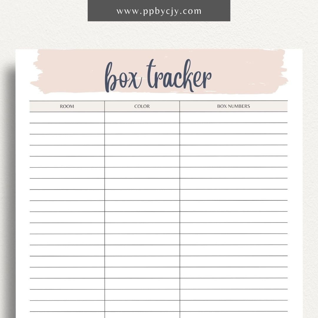 Moving Box Inventory Printable Template – Digital download for cataloging and tracking the contents of each moving box, including descriptions and locations.