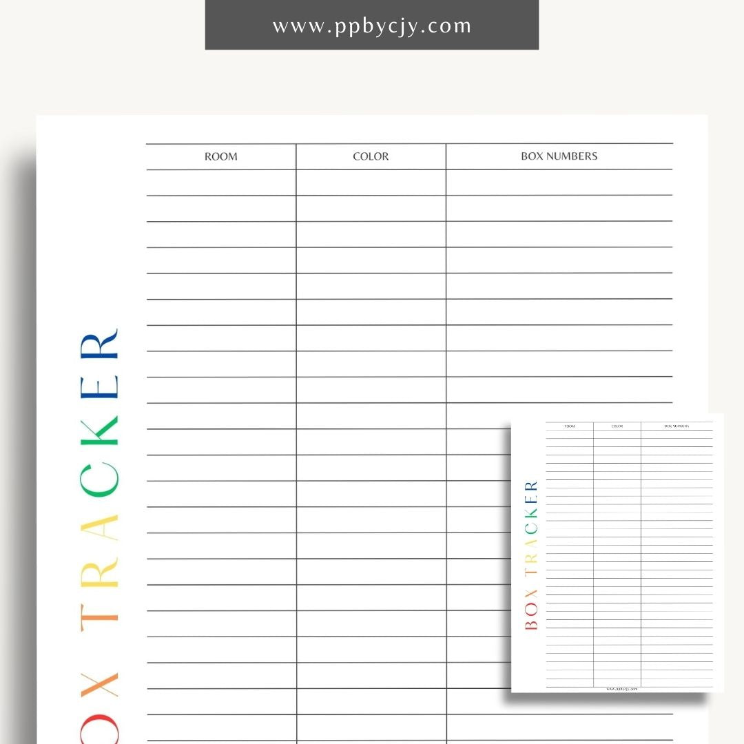 Moving Box Inventory Printable Template – Digital download for cataloging and tracking the contents of each moving box, including descriptions and locations.