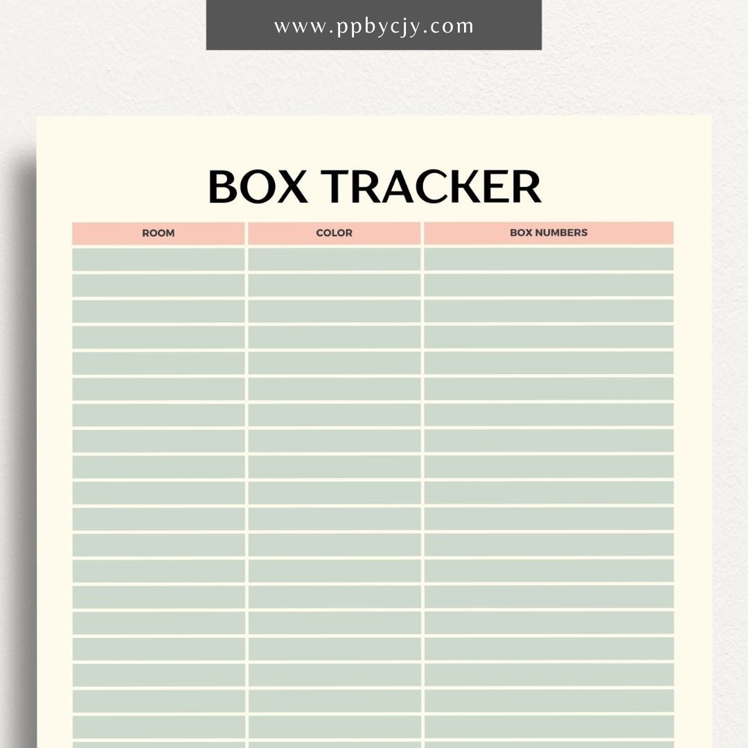 Moving Box Inventory Printable Template – Digital download for cataloging and tracking the contents of each moving box, including descriptions and locations.