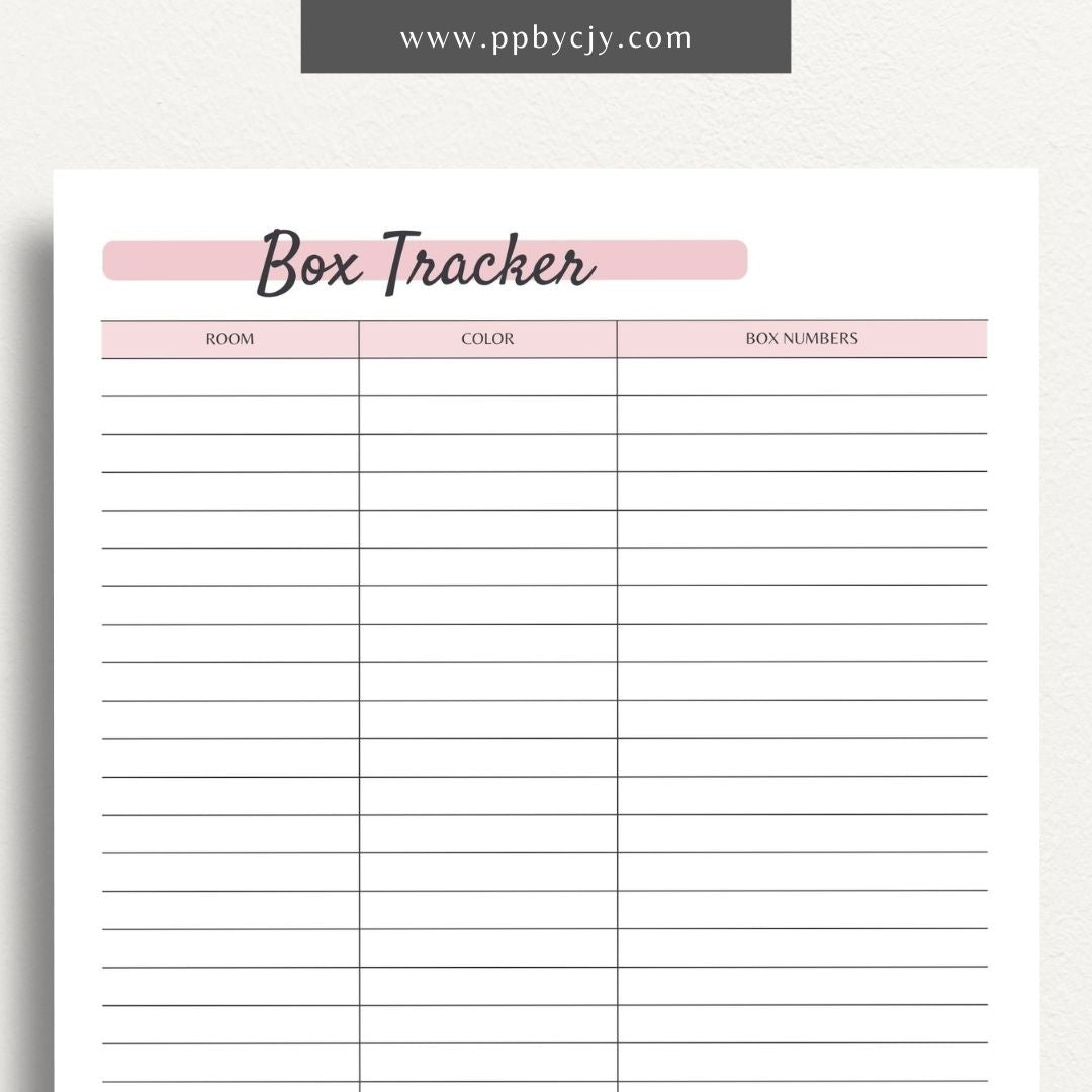 Moving Box Inventory Printable Template – Digital download for cataloging and tracking the contents of each moving box, including descriptions and locations.