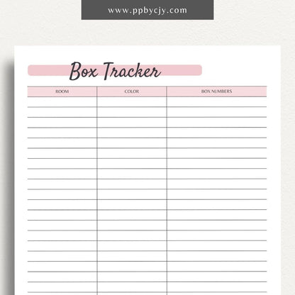 Moving Box Inventory Printable Template – Digital download for cataloging and tracking the contents of each moving box, including descriptions and locations.