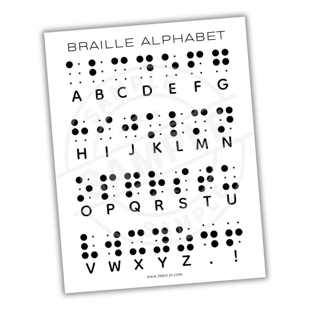 Braille alphabet chart on a white background