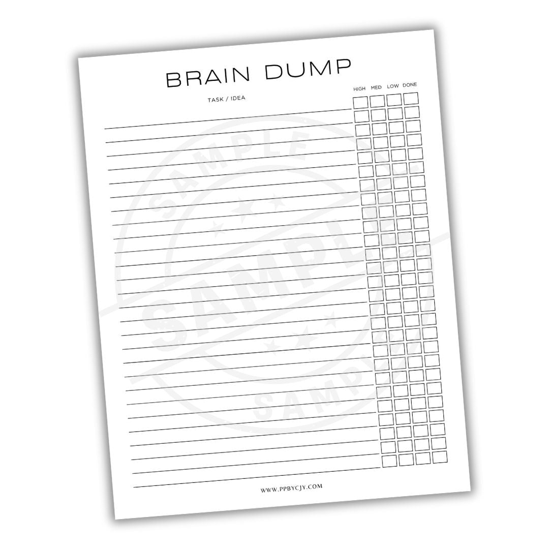 Sheet of paper titled 'Brain Dump' with columns for task/idea, time, and done.