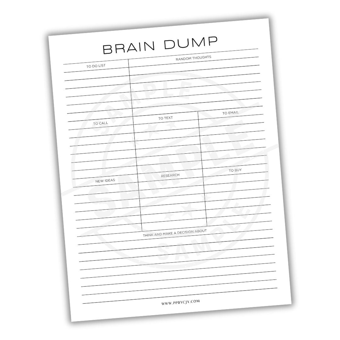 Sheet of paper titled 'Brain Dump' with columns for categorizing thoughts.