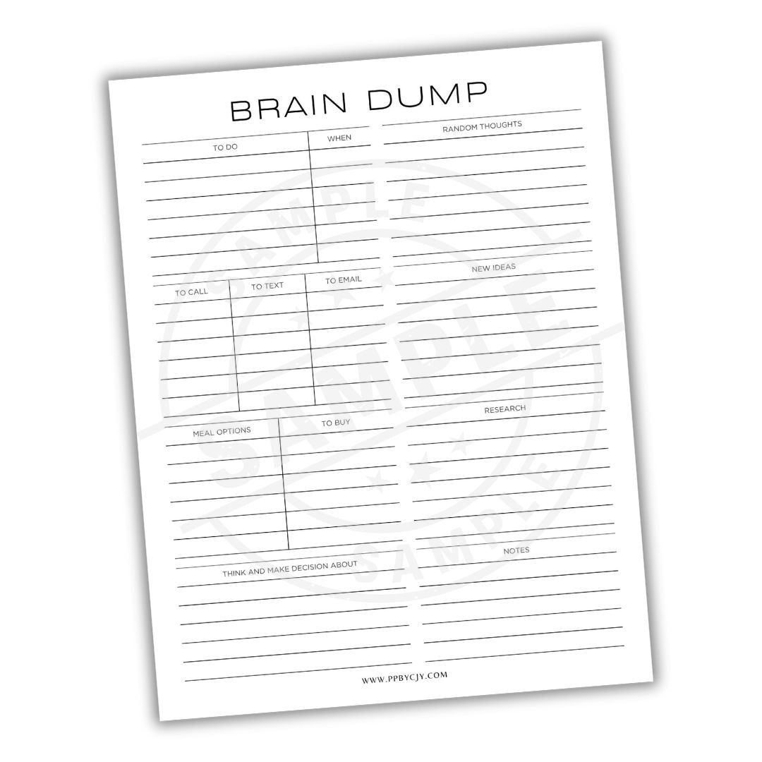 Sheet with 'Brain Dump' layout on a white background