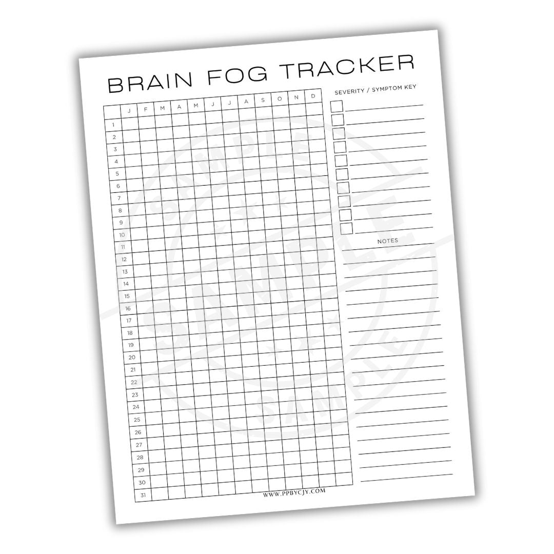 Brain fog tracker sheet with grid and text on a white background