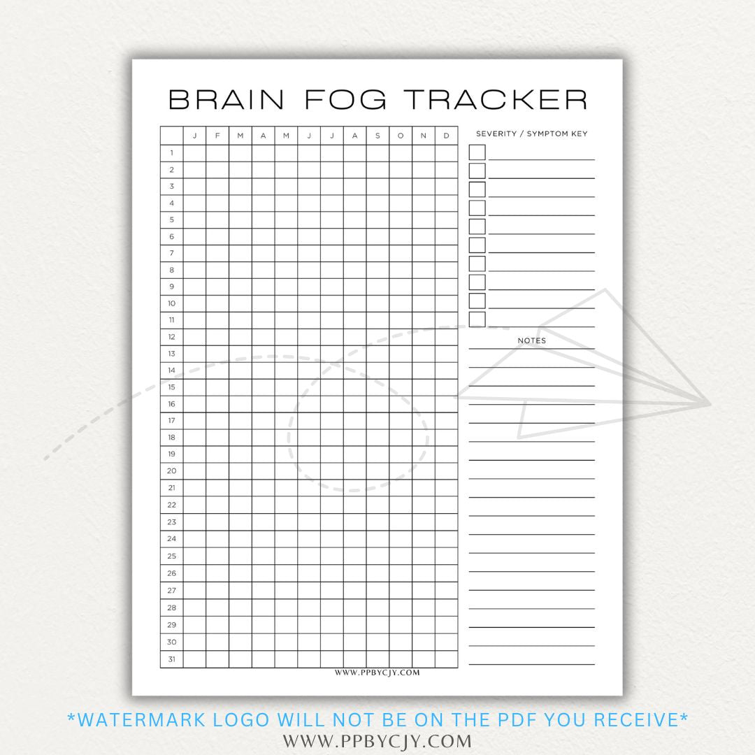 Brain fog tracker printable PDF template with sections for logging symptoms, triggers, and patterns affecting mental clarity and cognitive function.

