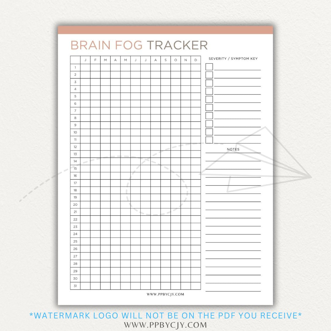 Brain fog tracker printable PDF template with sections for logging symptoms, triggers, and patterns affecting mental clarity and cognitive function.

