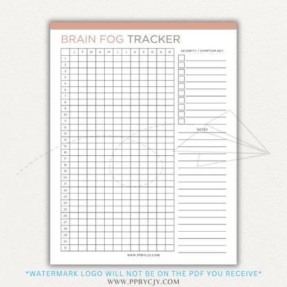 Brain fog tracker printable PDF template with sections for logging symptoms, triggers, and patterns affecting mental clarity and cognitive function.

