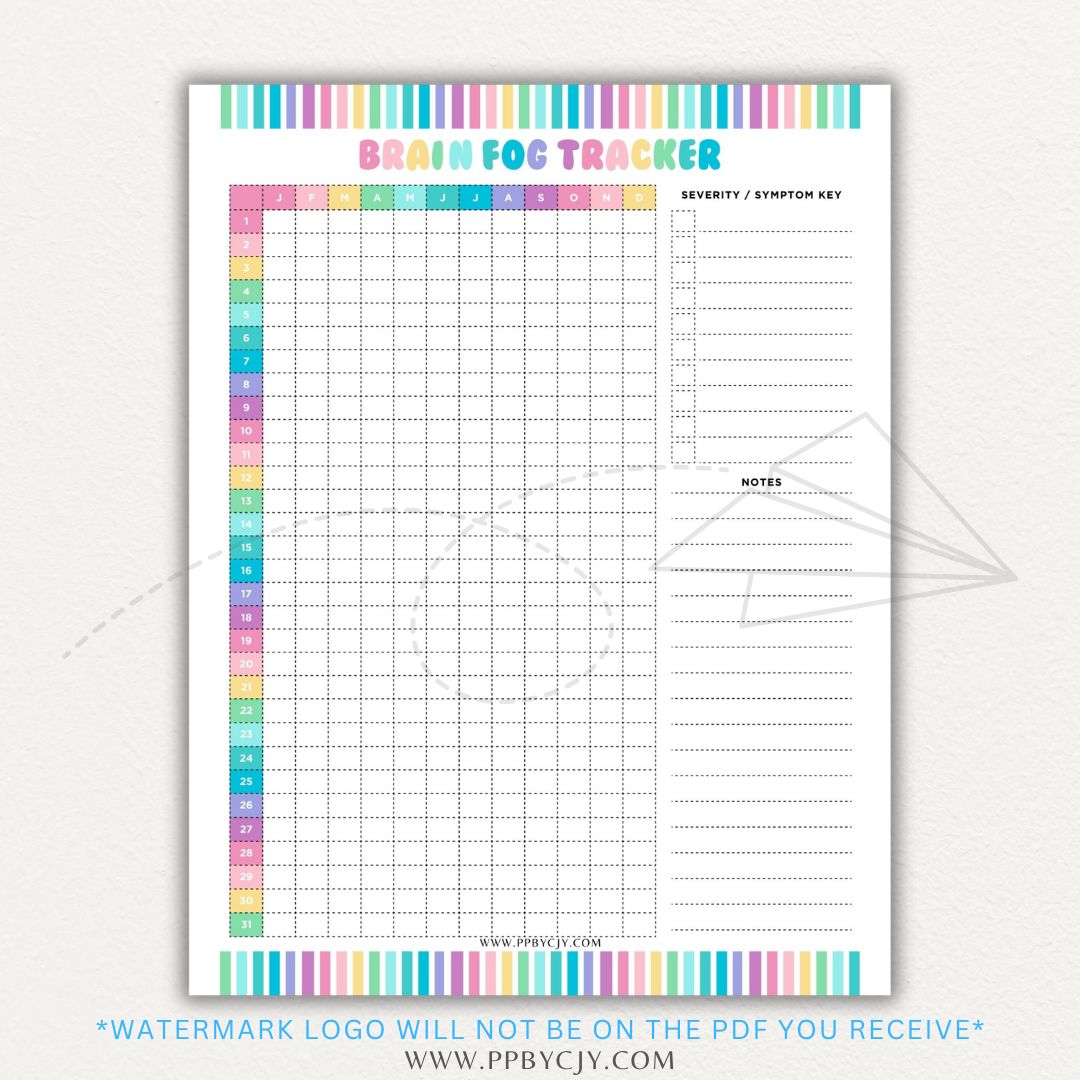 Brain fog tracker printable PDF template with sections for logging symptoms, triggers, and patterns affecting mental clarity and cognitive function.

