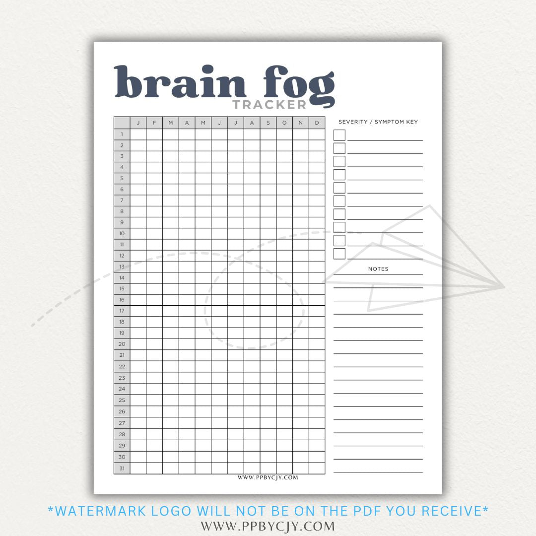 Brain fog tracker printable PDF template with sections for logging symptoms, triggers, and patterns affecting mental clarity and cognitive function.

