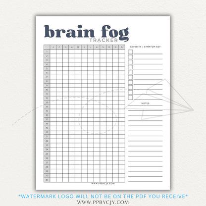 Brain fog tracker printable PDF template with sections for logging symptoms, triggers, and patterns affecting mental clarity and cognitive function.

