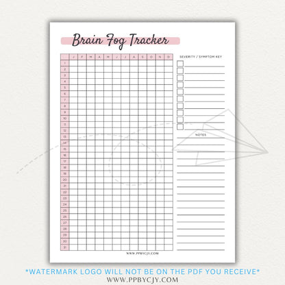 Brain fog tracker printable PDF template with sections for logging symptoms, triggers, and patterns affecting mental clarity and cognitive function.

