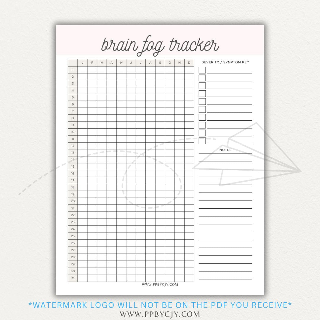 Brain fog tracker printable PDF template with sections for logging symptoms, triggers, and patterns affecting mental clarity and cognitive function.

