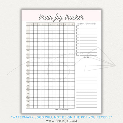 Brain fog tracker printable PDF template with sections for logging symptoms, triggers, and patterns affecting mental clarity and cognitive function.

