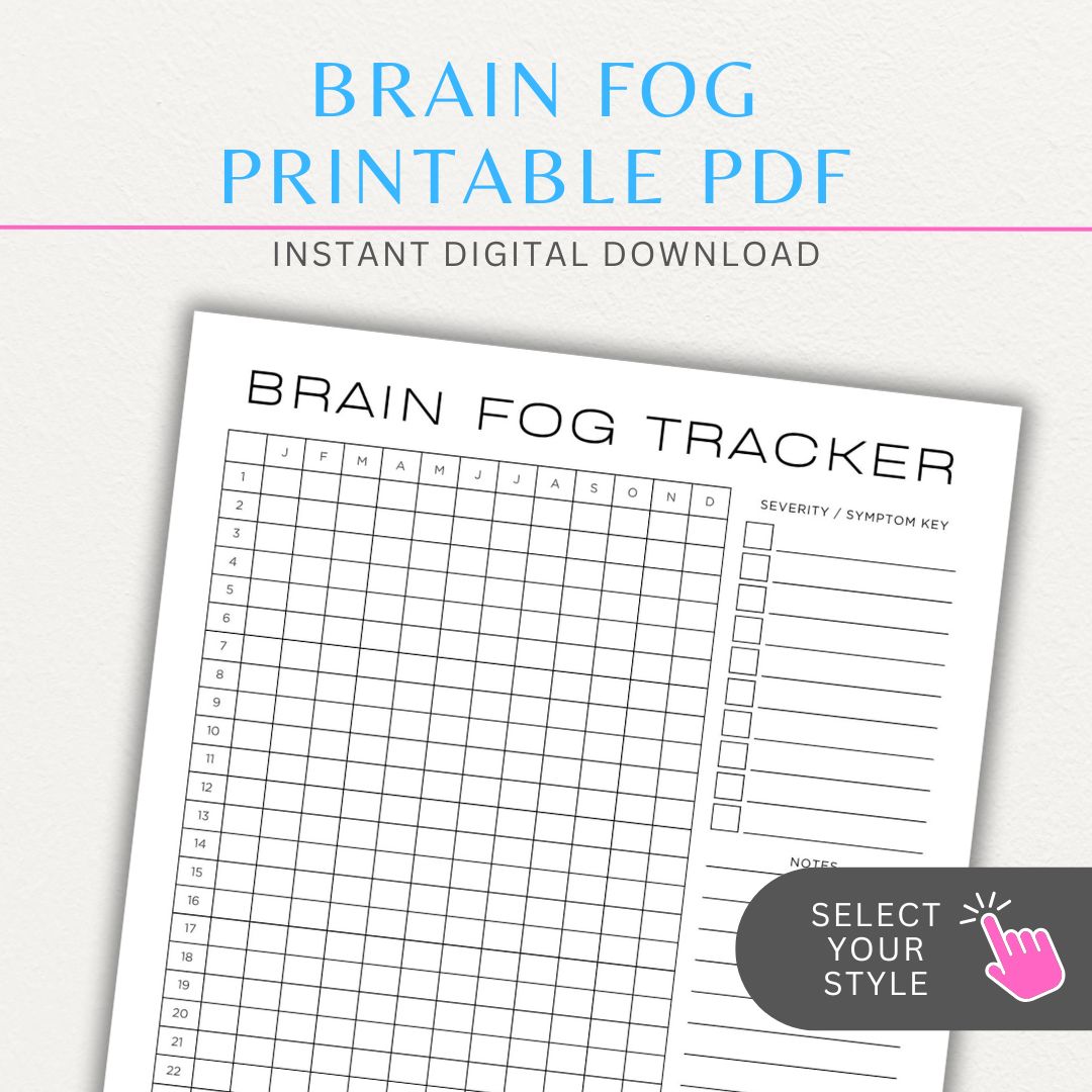 Brain fog tracker printable PDF template with sections for logging symptoms, triggers, and patterns affecting mental clarity and cognitive function.

