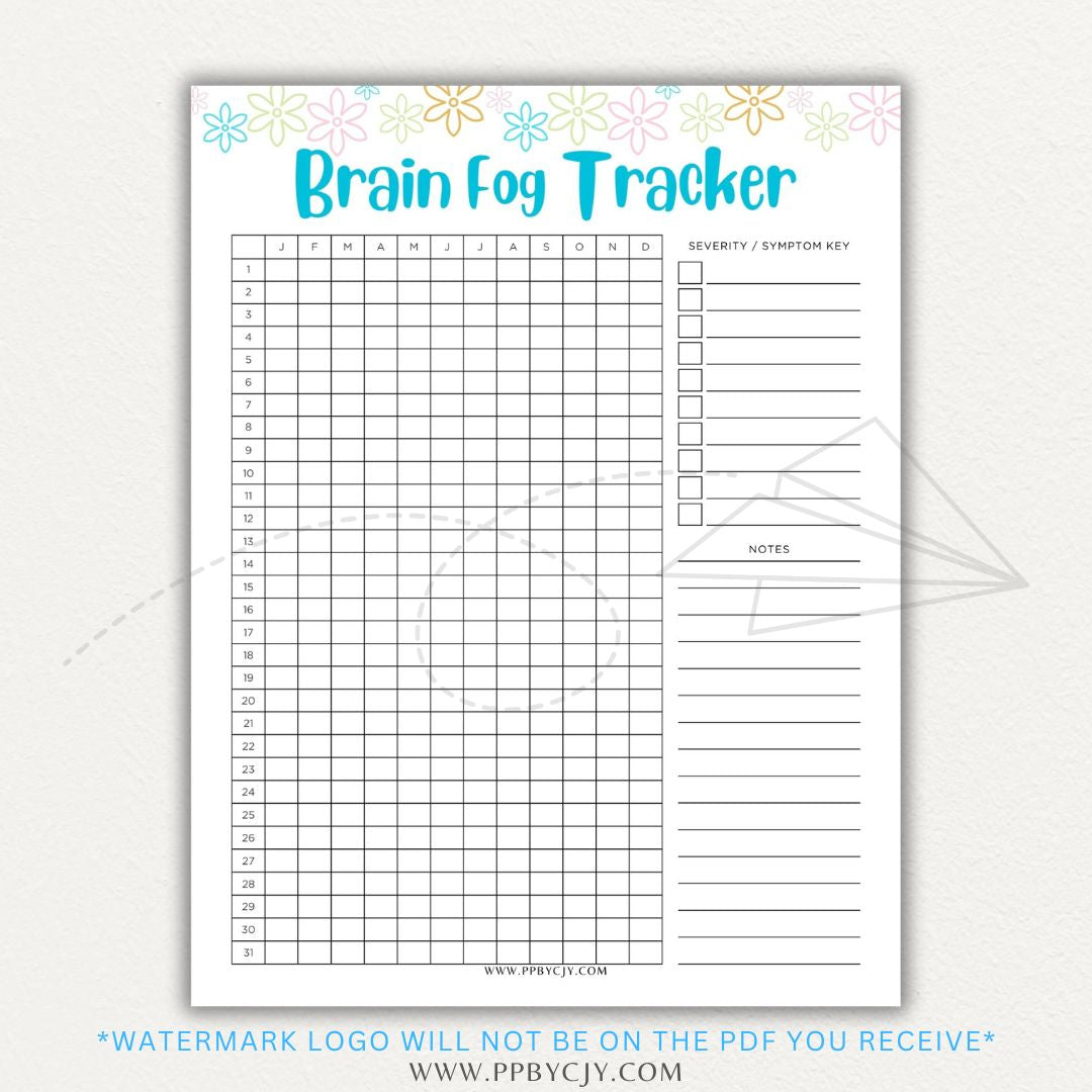 Brain fog tracker printable PDF template with sections for logging symptoms, triggers, and patterns affecting mental clarity and cognitive function.

