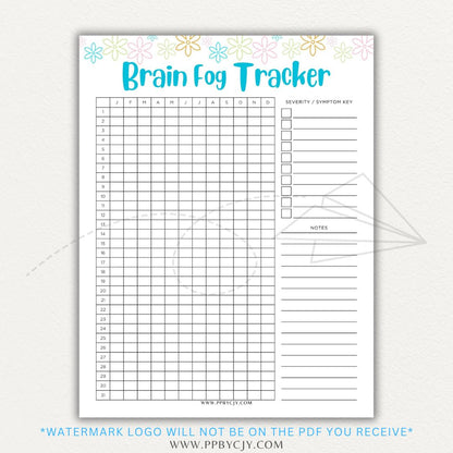 Brain fog tracker printable PDF template with sections for logging symptoms, triggers, and patterns affecting mental clarity and cognitive function.

