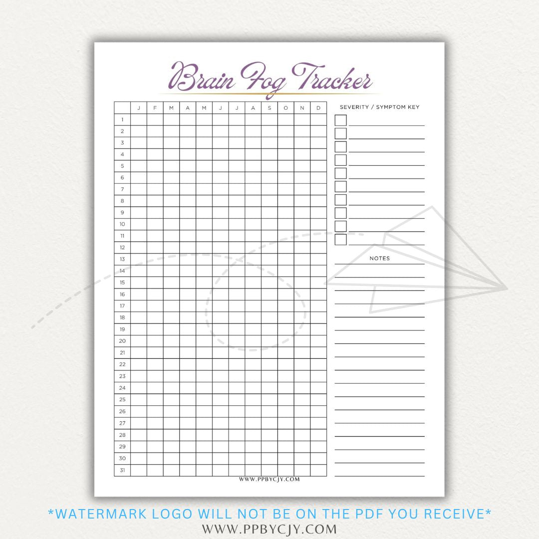 Brain fog tracker printable PDF template with sections for logging symptoms, triggers, and patterns affecting mental clarity and cognitive function.

