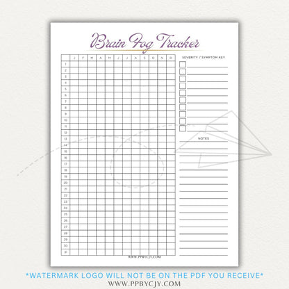 Brain fog tracker printable PDF template with sections for logging symptoms, triggers, and patterns affecting mental clarity and cognitive function.

